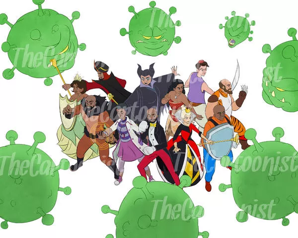 family caricature fighting covid